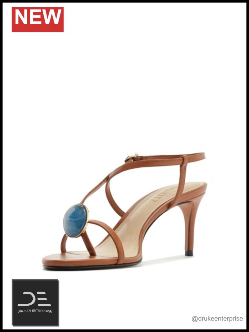 Strappy Heeled Sandals with Turquoise Stone Detail, Buckle Ankle Strap